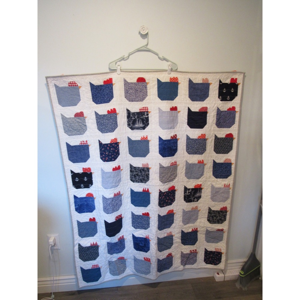 Handmade Chicken Quilt Blue White Red Coastal Preppy Pieced Throw Blanket 48x59